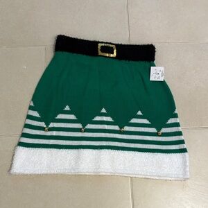 NWT Xmas sweater skirt Green and White Striped with Black Waistband elf party